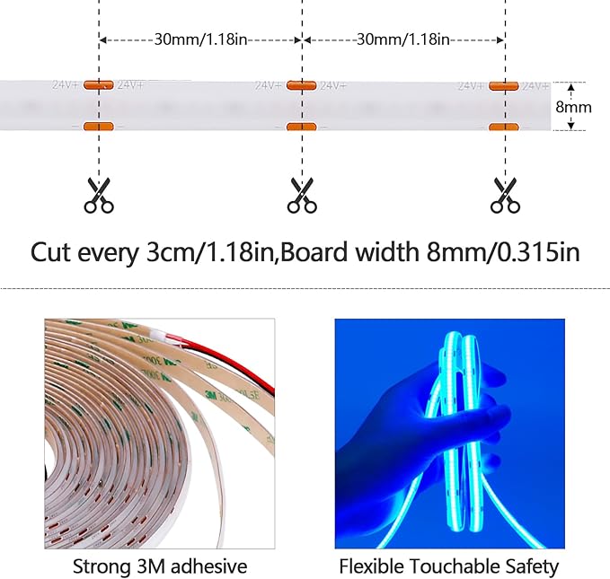 32.8ft(10M) DC 24V Blue COB LED Strip Light IP65 Waterproof 3840LEDs Uniform Glow Dotless Flexible LED Tape Lights for DIY Garden Backyard Hallways Stairs Decoration(No Power Supply)