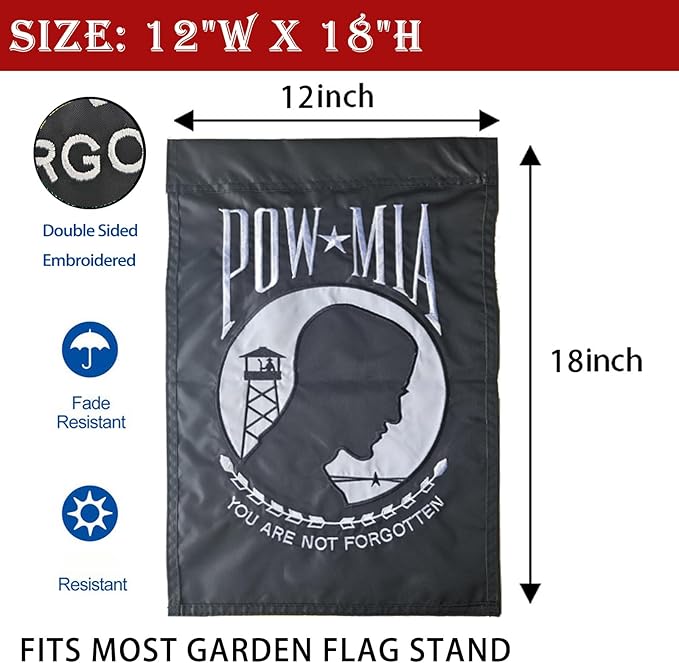 US Embroidered Pow Mia Garden Flag Double Sided 12x18 Inch Yard Lawn Garden Flags Banner Heavy Duty Vivid Color