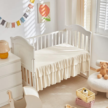 Mini Crib Bedding Set 3 Pieces Baby Boho Quilted Tufted Ruffles Comforter with Fitted Sheet and Ruffled Bed Skirt - Cute Shabby Baby Bedding Fits Mini Crib Only Cream White