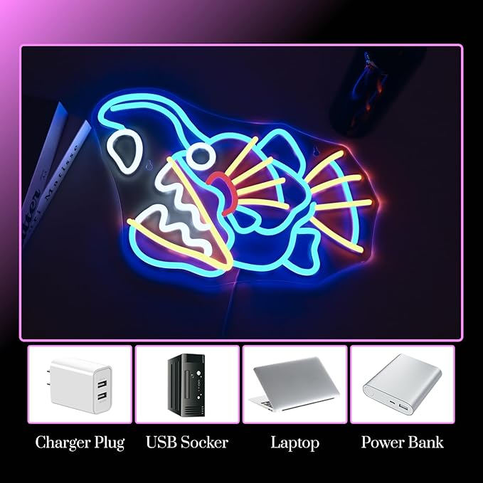 Fishing Neon Sign Dimmable Blue Fish Neon Signs for Wall Decor LED USB Powered Neon Light Sign for Fishing Gear Store Yacht Bedroom Scared Restaurant Man Cave Decoration Birthday Gifts