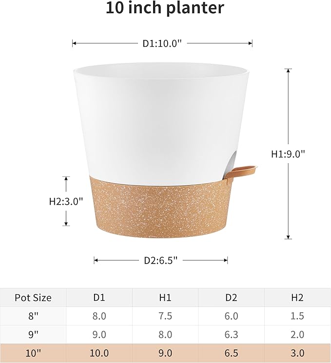 FaithLand 2-Pack 10 Inch Planter Pots for Indoor Outdoor Plants, Self Watering Flower Pots with Deep Reservoir, White with Terracotta …