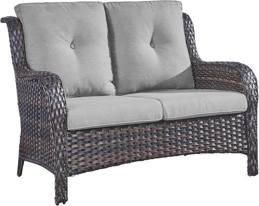 Outdoor Loveseat Small Patio Furniture 2 Seater Sofa Brown Wicker Couch Rattan Settee for Single-Family House
