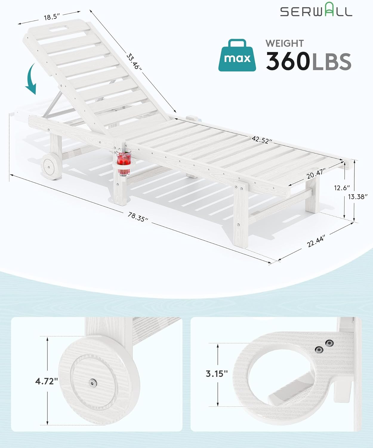 SERWALL Patio Chaise Lounge Set of 4, HDPE Outdoor Lounge Chair with Cup Holder, 5 Positions Adjustable Pool Lounge Chair with Rolling Wheels for Poolside, Deck, Sunbathing, White