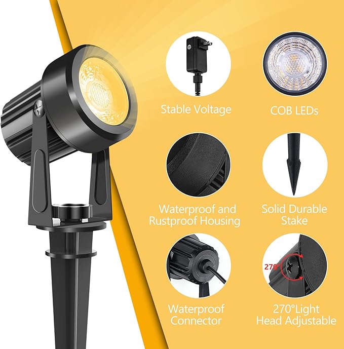LED Spotlight Outdoor,Low Voltage Landscape Lighting IP65 Waterproof with US Plug, 3000K Warm White Outdoor Spot Lights for Yard Flag Pole House Garden Tree(6-in-1)