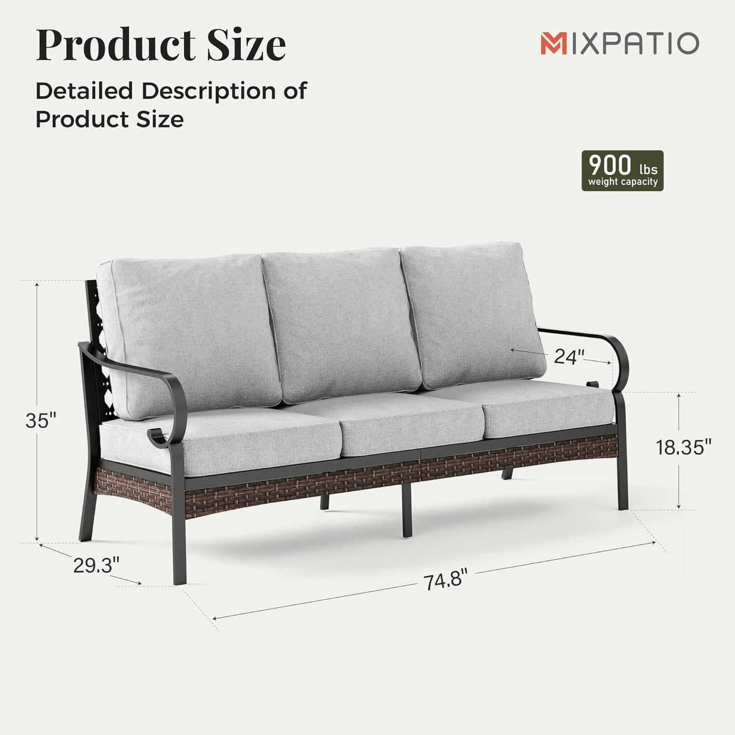 Patio Furniture Sofa, 3-Seat Patio Sofa Steel Frame Outdoor Sectional Couch with Deep Seating and 5.75” Cushions for Lawn Backyard Porch Deck, Light Grey