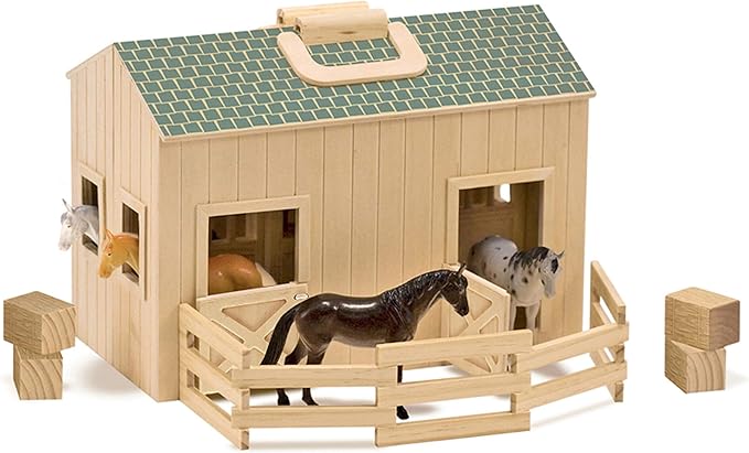 Melissa & Doug Fold and Go Wooden Horse Stable Dollhouse with Handle and Toy Horses (11 pcs)