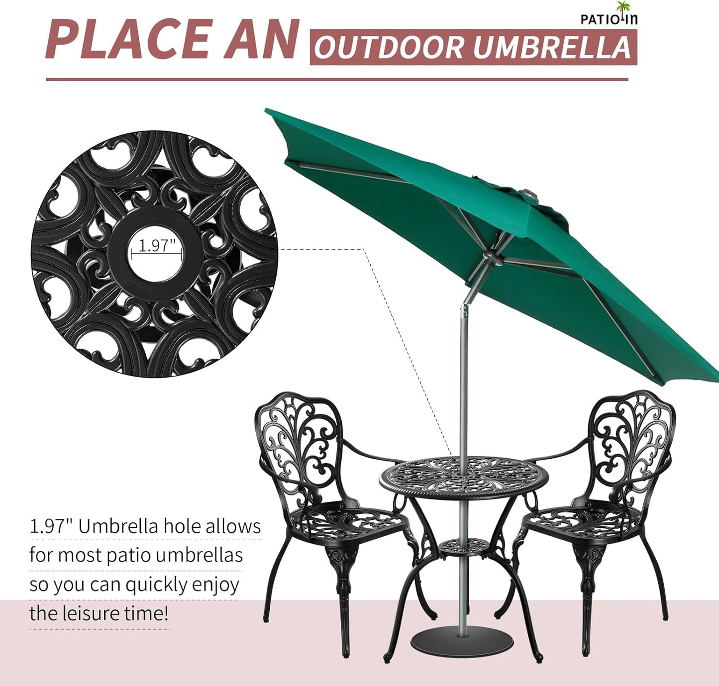 Outdoor Bistro Set 3 Piece, Patio Bistro Set, Cast Aluminum Bistro Set, Patio Table Set with 1.97" Umbrella Hole for Yard, Deck, Front Porch
