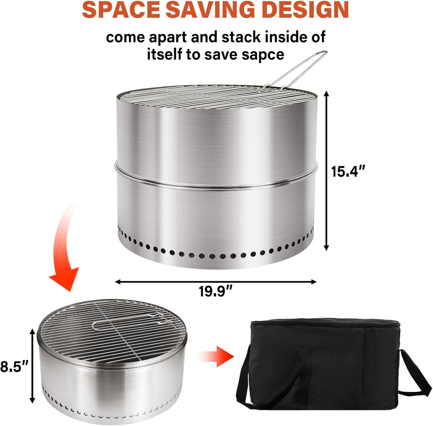 HGD 19.8 Inch Smokeless Firepit with Grill, Portable Wood Burning Fire Pit for Camping & Backyard, Stainless Steel Outdoor Fireplace with Travel Bag, Easy Setup & Compact Storage - Foldable Design