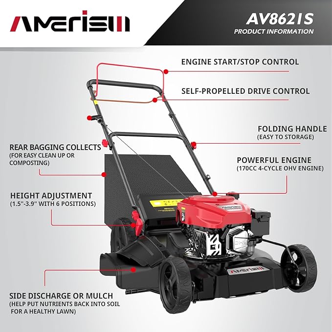 Self Propelled Gas Lawn Mower, 21" with 170cc 4-Cycle OHV Engine 3-in-1 RWD Self-Propelled Lawn Mower (AV8621S1)