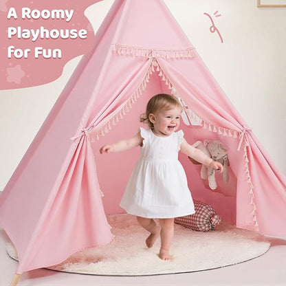 Sumbababy Teepee Tent for Kids Indoor – Cotton Canvas Play Tent with Tassel Trim, Foldable Toddlers Tent for Girls, Ideal Gift with Star Lights, Banner & Carry Bag (Pink)