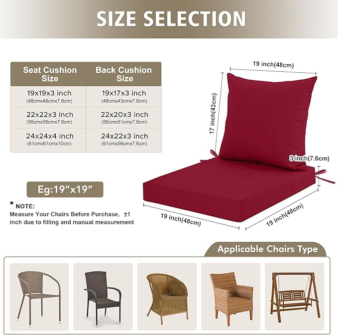 24x24 Inch Outdoor Cushions for Patio Furniture, Waterproof Outdoor Chair Cushions w/Fade-Resistant, Removable & Machine-Washable Covers, Deep Seat Sofa/Couch Pad Replacement – Set of 1/2/4, Burgundy