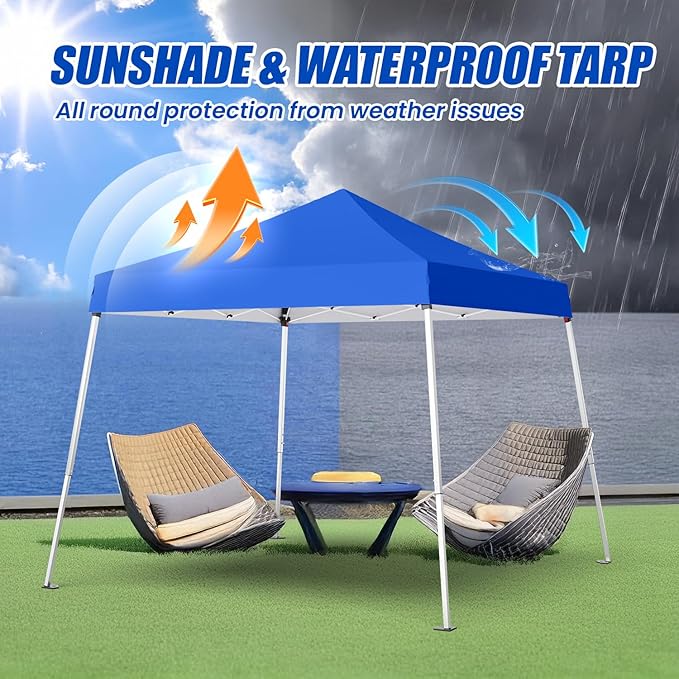 10x10 Pop Up Canopy, 300D Silver Coated Blue Fabric Outdoor Gazebo, Beach Tent Slant Legs with Storage Bag,Easy Up Sun Shade Shelter Tents with 8x8 Top Cover for Patio,Party