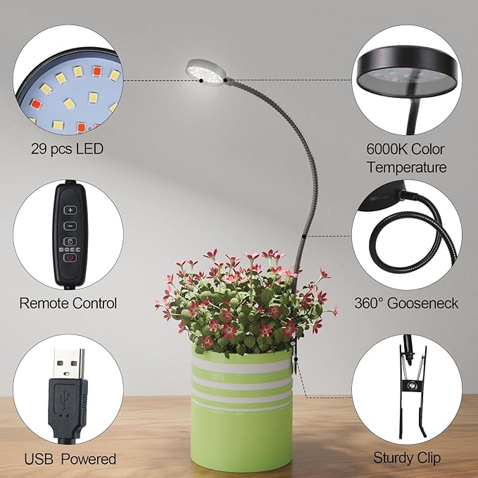 GYTF LED Grow Light, 6000K White Full Spectrum Pot Plant Light for Indoor Plants, Gooseneck Clip-on Plant Lamp with Dimmable, Auto ON/Off 4 8 12 18Hrs for Succulents Small Houseplants