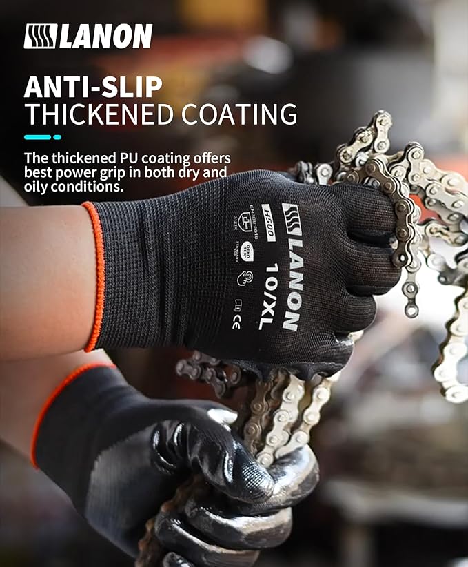 LANON Safety Work Gloves for Men and Women, 18 Pairs Mechanic Black Working Gloves with Grip Odorless PU Coated, Seamless Knit, Full Fingertip Touchscreen for Light Duty Working Gloves, XXL