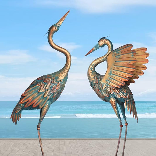 33-37 Inch Metal Crane Garden Statue Décor, Bird Heron Garden Sculpture & Statues, Outdoor Decoration for Yard Pond Lawn Backyard Pool, Vintage Spread Wings Crane, Set of 2 Copper…