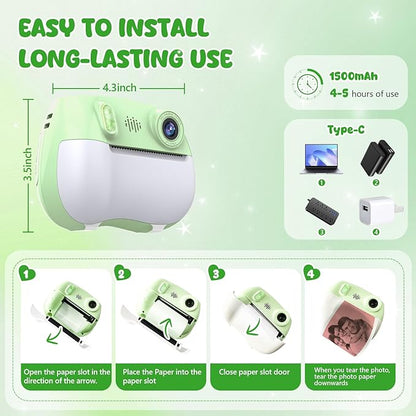 Kids Camera Instant Print 1080P Front Rear Dual Selfie - Toddler Cameras with Digital Video Games,32GB & 5-Color Print Paper/ 250 Photos,Easy to Use & Great Toys Gifts for Boys Girls, Ages 3-12 Green