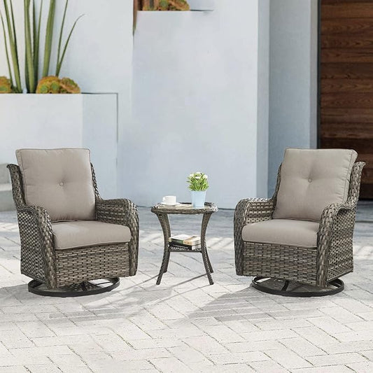 Outdoor Patio Swivel Rocker Chairs - 3 Piece Patio Bistro Set,Wicker Patio Furniture Set with 2 Swivel Rocking Chairs and 1 Glass Top Side Table for Deck Porch Garden,Mixed Grey/Grey