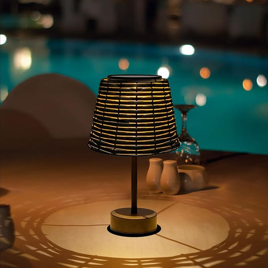 Solar Rattan Woven Desk Lamp, Outdoor Table Lamps for Patio, Garden, Bedroom, Living Room (Black)