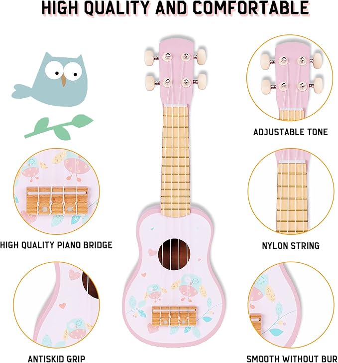 Kids Guitar for Girls, Wooden Musical Instruments Toys with Ukulele, Tambourine, Maracas, Harmonica, Mini Band Sets for Toddlers 2 3 Years Old Birthday Gift (Pink for Girls)