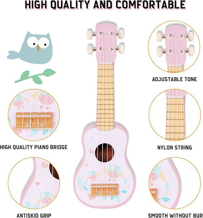 Kids Guitar for Girls, Wooden Musical Instruments Toys with Ukulele, Tambourine, Maracas, Harmonica, Mini Band Sets for Toddlers 2 3 Years Old Birthday Gift (Pink for Girls)