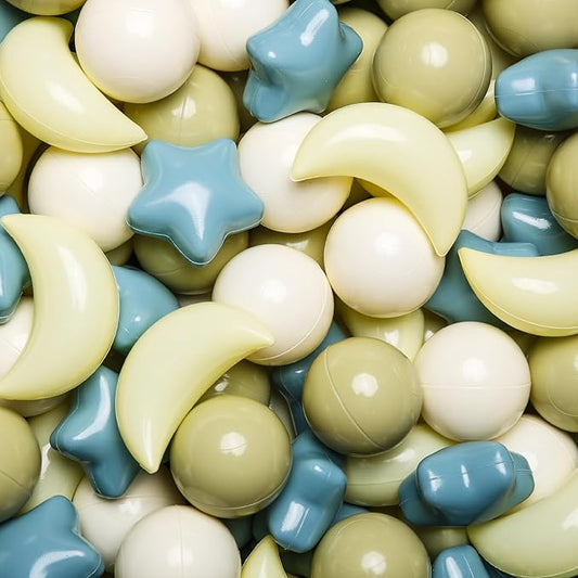 GOGOSO Ball Pit Balls Stars Moon Shapes Plastic Pitballs for Toddler Play Tent Baby Photo Props Kids Pool Water Toys Kiddie Pool Party Decor, Cream Blue+Yellow+Green+White,100PCS