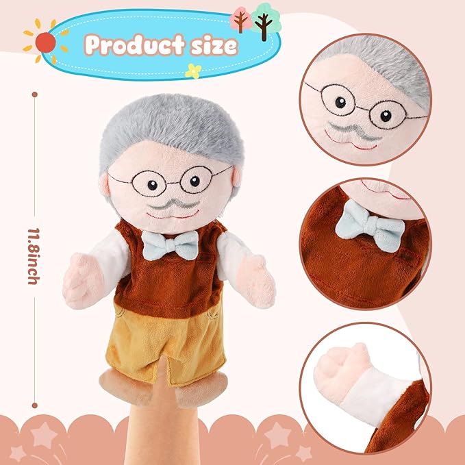 1 Pcs Family Hand Puppets 12 Inch Grandparents, Mom & Dad, Brother & Sister Plush Hand Puppet Toys Role-Play Toy Puppets for Kids Storytelling Imaginative Pretend Play Teaching Preschool(Grandpa A)