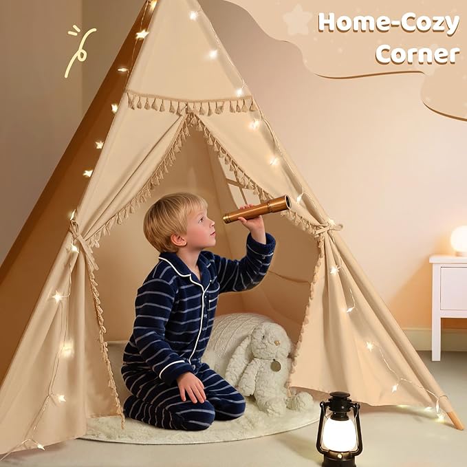 Sumbababy Teepee Tent for Kids Indoor – Cotton Canvas Play Tent with Tassel Trim, Foldable Toddlers Tent for Boys, Ideal Gift with Star Lights, Banner & Carry Bag (Khaki)