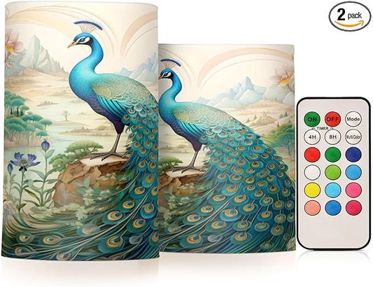Flickering Flameless Candles, Peacock Garden LED Candles with Remote Timer, Set of 2 Battery Operated Candle for Valentine Wedding Birthday