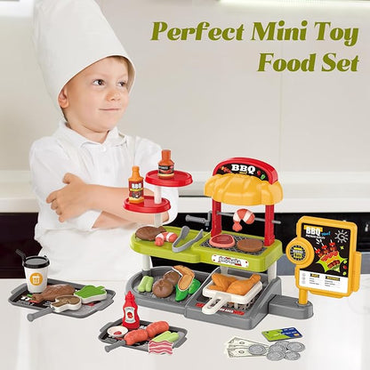 Kids BBQ Grill Play Set: Coffee, Card Reader, Cash Register, Play Food (Grilled Fish, Wings, Kebabs, Sausages), Play Money - Educational Toy Kitchen Ages 3+