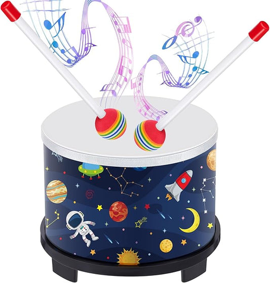 Boao Floor Tom Drum for Kids 8'' W x 6.5'' H Wooden Percussion Instrument Music Drum with 2 Rainbow Mallets Astronaut Educational Toys for Baby Children Toddler Boy Girl Birthday Gift