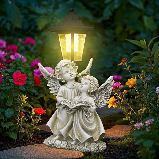 Solar Garden Outdoor Decor Statues Winged Angel Reading with Light,Outside-Outdoor Decorations Sculptures for Patio Yard Lawn Walkway Ornaments Clearance Gifts for Mom Grandma Birthday