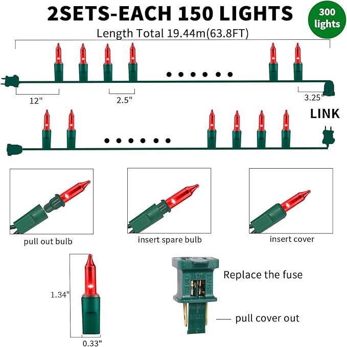 Ultra-Bright Connects End to End Red Christmas Mini Lights 300L 63.8Ft(2Sets-Each 150L)UL Listed Incandescent Bulb String Light for Indoor Outdoor Holiday Garden Party Christmas Tree Decor