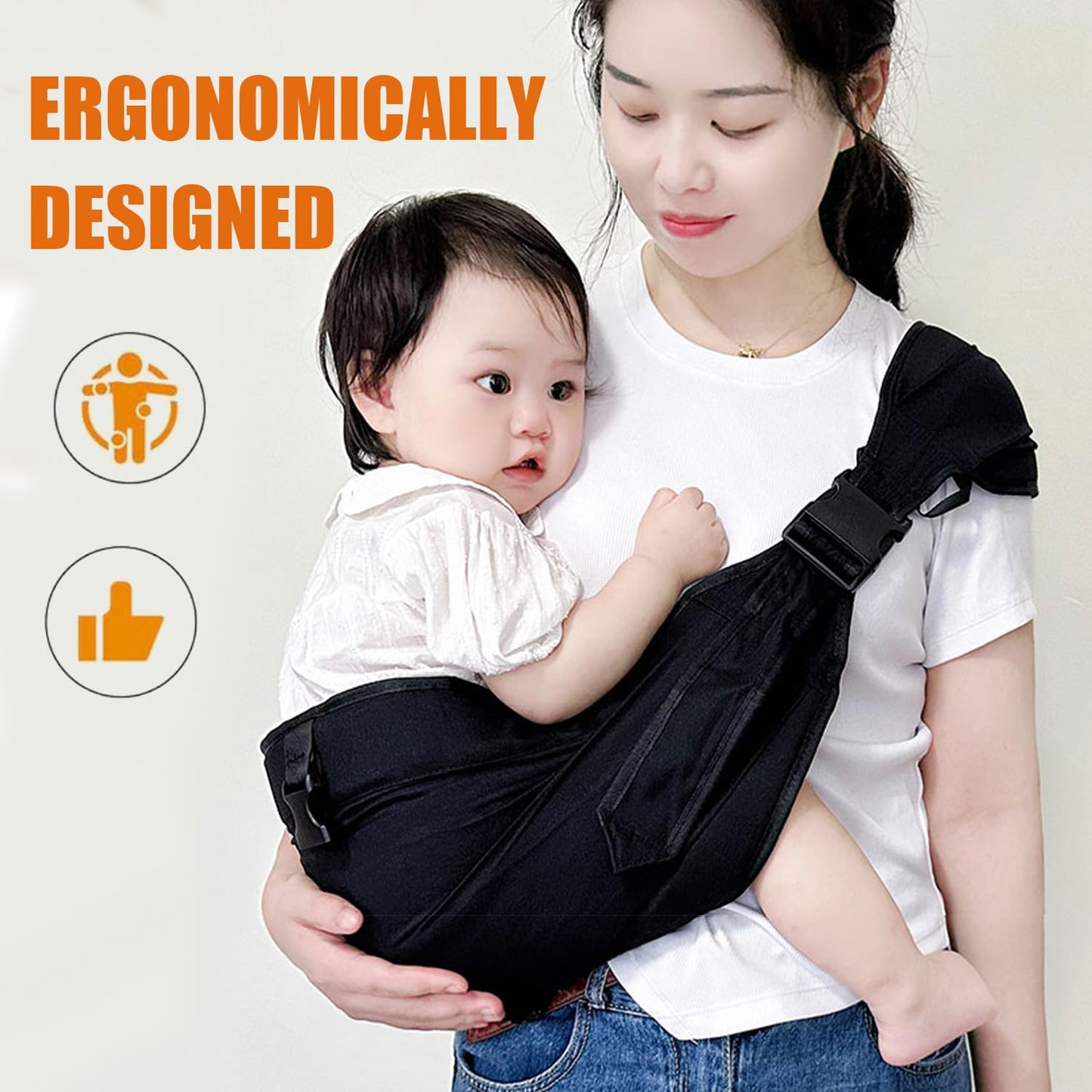 Baby Sling Carrier Toddler Carrier One Shoulder Adjustable Shoulder Strap Labor-Saving Baby Sling 10-45lbs(Black,Cloth)