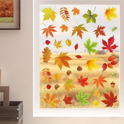 6 Sheets Fall Leaves Window Clings for Glass Windows Double-Side Autumn Window Clings Maple Leaves Pinecone Designs Thanksgiving Clings for Glass Windows Stickers for Home Office School Glass Decor