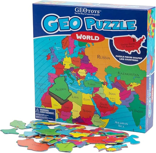 GeoToys GeoPuzzle, World Shaped Jigsaw Puzzles, 68 Pc Geography Puzzle, Geography Game & Map Puzzle, Jigsaw Puzzles for Kids Ages 6-9 Years Old