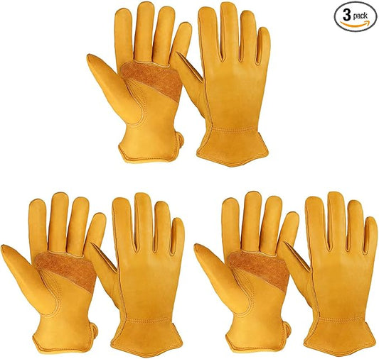 OZERO Leather Work Gloves: 3 Pairs Heavy Duty Work Glove Tough Cowhide Driver Gloves for Construction Gardening Yard Work Truck Driving Farming DIY Gold Medium