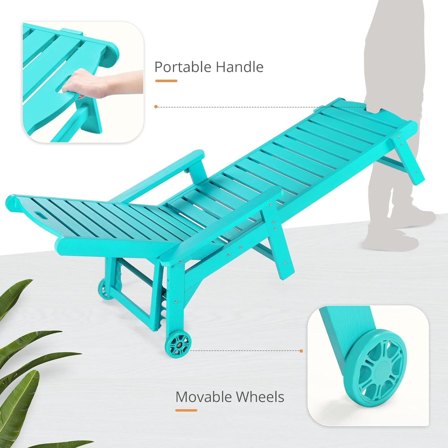 LUE BONA Outdoor Chaise Lounge, 79'' Oversized HDPS Chaise Lounger, 5 Positions Adjustable Lounge Chairs, Pool Lounge Chair with Wheels for Poolside, Backyard, 3 Year Warranty, Aruba Blue