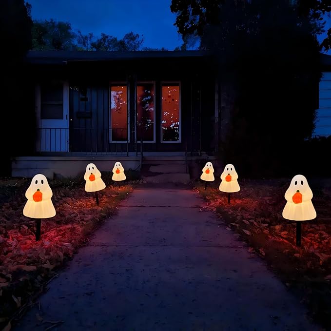 C7 Halloween Ghost Pathway String Lights, 7Ft Outdoor Halloween Decorations Lights with 4 Elves Holding Pumpkin Walkway Lights Waterproof UL Listed for Outdoor Garden Yard Lawn Sidewalk Party Decor