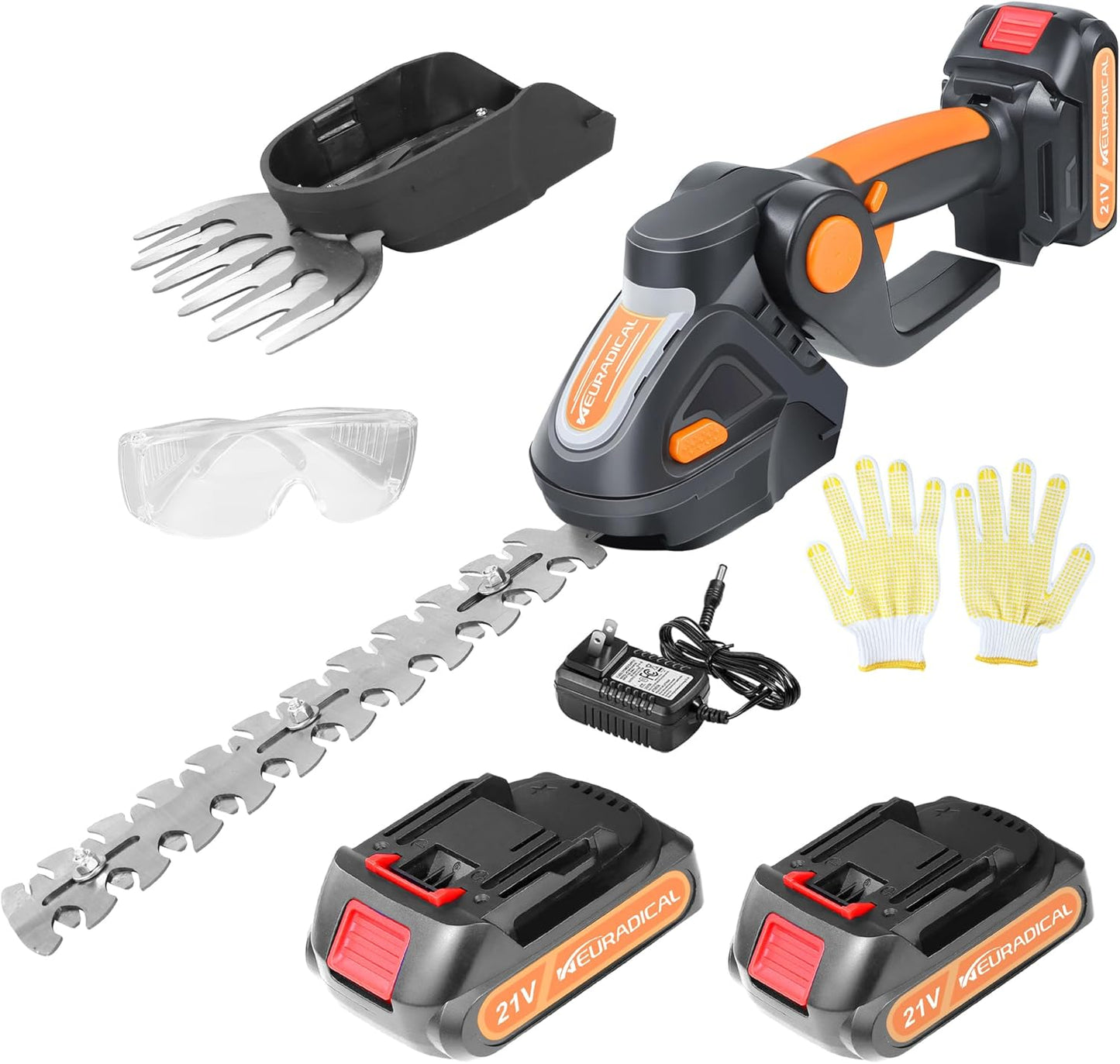 21V Cordless Hedge Trimmer & Grass Shear with 2 PCS Battery - 2 in 1 Handheld Electric Hedge Shears/Grass Cutter, Shrub Trimmer Bush Trimmer, Battery and Charger Included