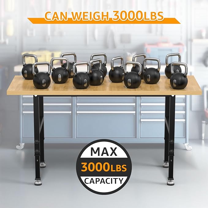 60" Adjustable Workbench,Heavy-Duty Work Table,3000 LBS Load Capacity Particleboard Hardwood Workstation Outlets with Fixed feet,for Workshop, Garage