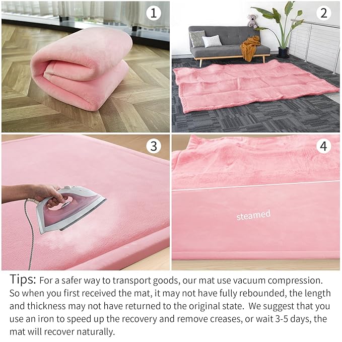 Play Mat for Babies Toddlers,1.3" Thick Elasti-Foam Anti-Fall Cushion Mat for kids Room,28×72 Bedroom Bedside Rugs,Water-Repellent Soft Coral Velvet,Non-Slip(Pink)