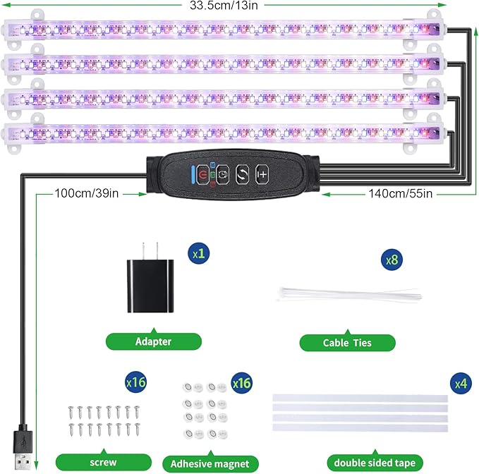 Four Strip Growing Lamp for Indoor Plants, Red & Blue & Yellow Full Spectrum LED Grow Light Strips with Auto ON/Off 3/9/12H Timer,10 Dimmable Levels for Green House Succulent (13 in)