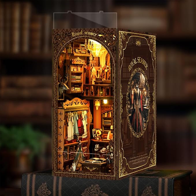 ISSEVE Book Nook Kit, DIY 3D Wooden Puzzle Dollhouse Booknook for Adults, Tiny Miniature House Kit Bookshelf Decor with LED Light and Dust Cover, Gifts for Family and Friends (Royal Seamer)
