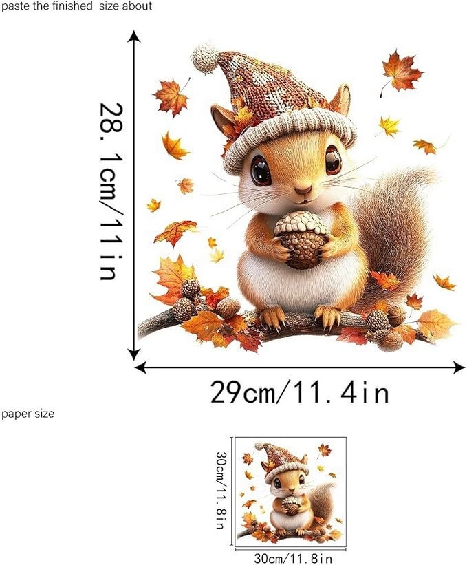 1 Sheet Fall Window Stickers Cute Squirrel Pine Cones Designs Double-Sided Cartoon Animal Decal Fall Leaves Window Clings Autumn Window Clings for Glass Windows for Home School Party Supplies