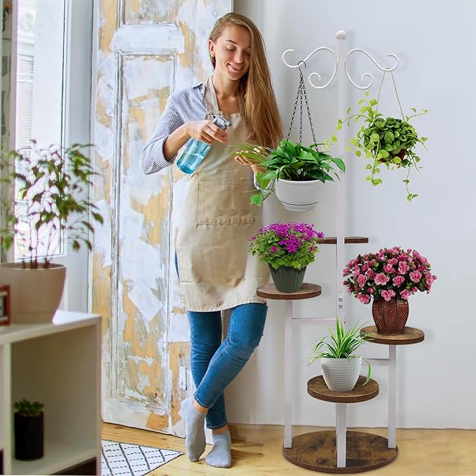 Plant Stand Indoor Outdoor, 4 Tier Hanging Plant Stands, Multiple Plant Display Rack Flower Pot Stand,61'' Tall Metal Plant Holder for Living Room Balcony Garden Patio White