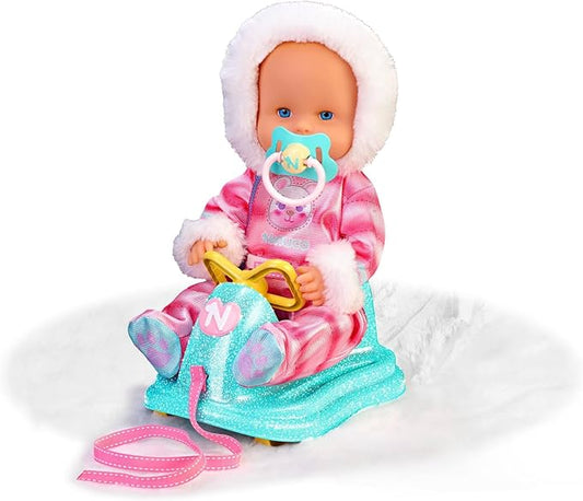 Nenuco 14" Baby Doll in Ski Suit and Sleigh Accesssory On Wheels with Color Chaning Nose, for Ages 2+