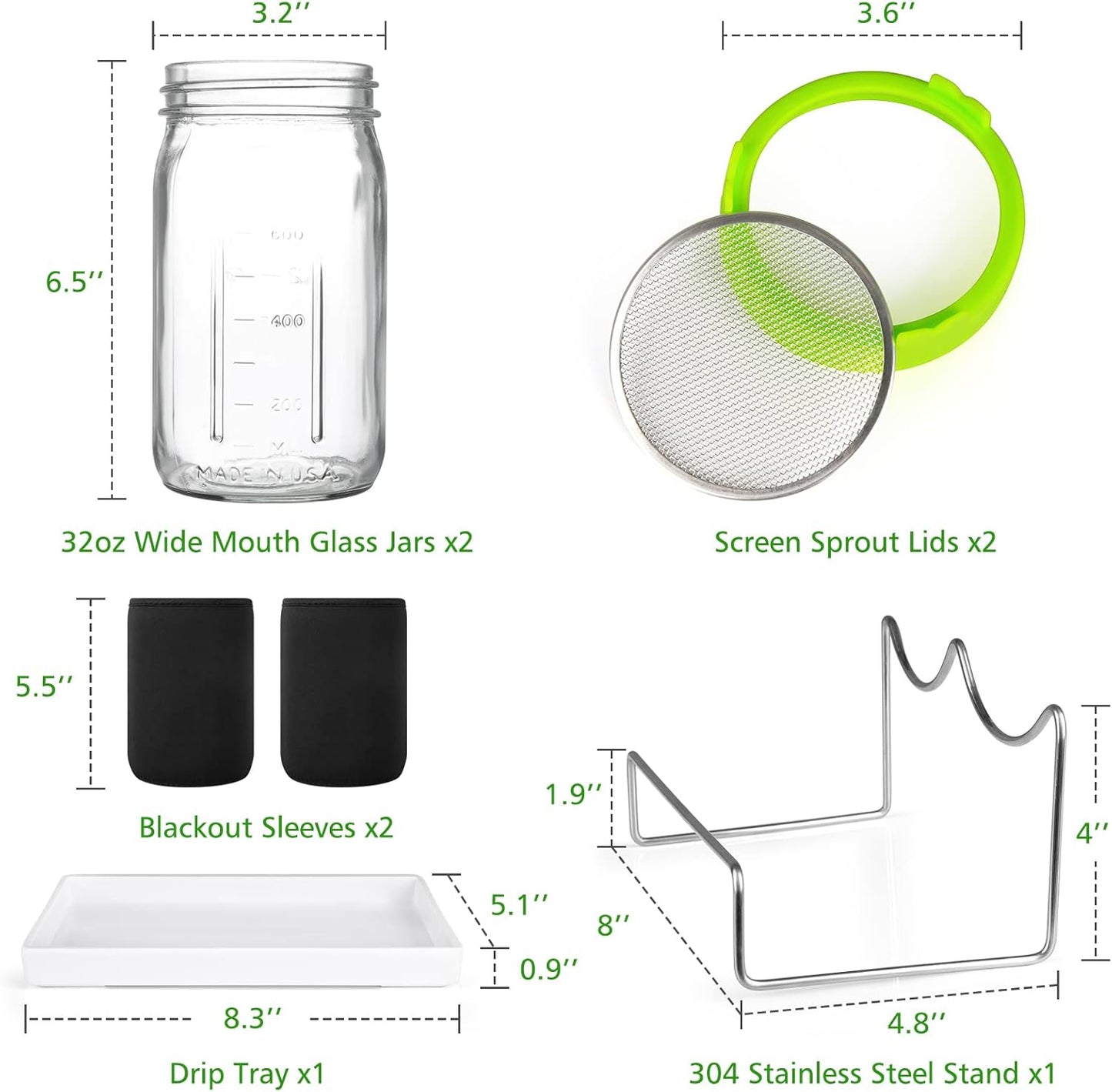 Seed Sprouting Kit, 2 Large Wide Mouth Mason Jars with Sprout Lids, Blackout Sleeves, Drain Tray, Stainless Steel Stand, Sprouts Growing Kit for Bean, Broccoli, Alfalfa (Yellow+Green)