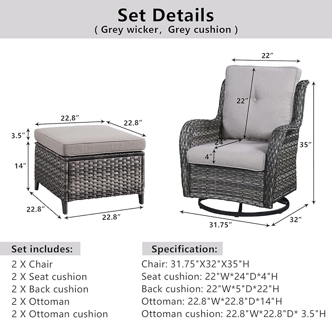 4 Pieces Patio Furniture Sets, Wicker Patio Swivel Glider Chair with Ottomans, Outdoor Furniture Set for Outside Porch, Deck, Balcony, Garden
