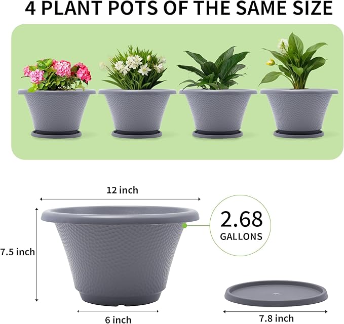 Quarut 12 Inch Large Planter Pot for Plants Indoor Outdoor, 4 Pack Plastic Flower Pots with Drainage Hole & Tray, Modern Decorative Garden Pot with Saucer, Plant Container for House Grey