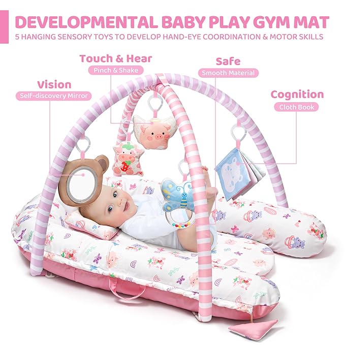 Pink Baby Play Mat, 7-in-1 Tummy Time Activity Gym Mat for Sensory and Motor Development, Washable Baby Lounger, Portable Newborn Nest for Home & Travel, Babies Gift for Infant 0-3-6-9-12-18 Months